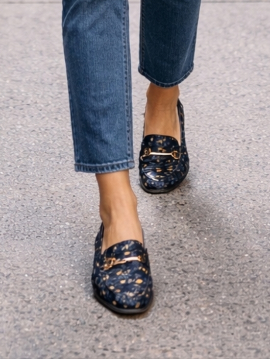 CAbi Shoes - Cabi Blue Velvet Floral Horsebit Loafers Gold Hardware Preppy Chic Flats 7